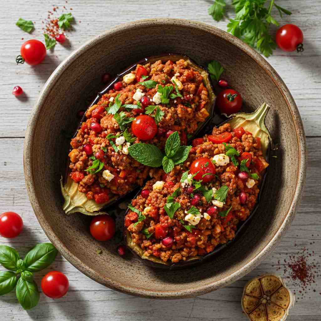 Halal Stuffed Baby Eggplant with Tomatoes (Mediterranean)