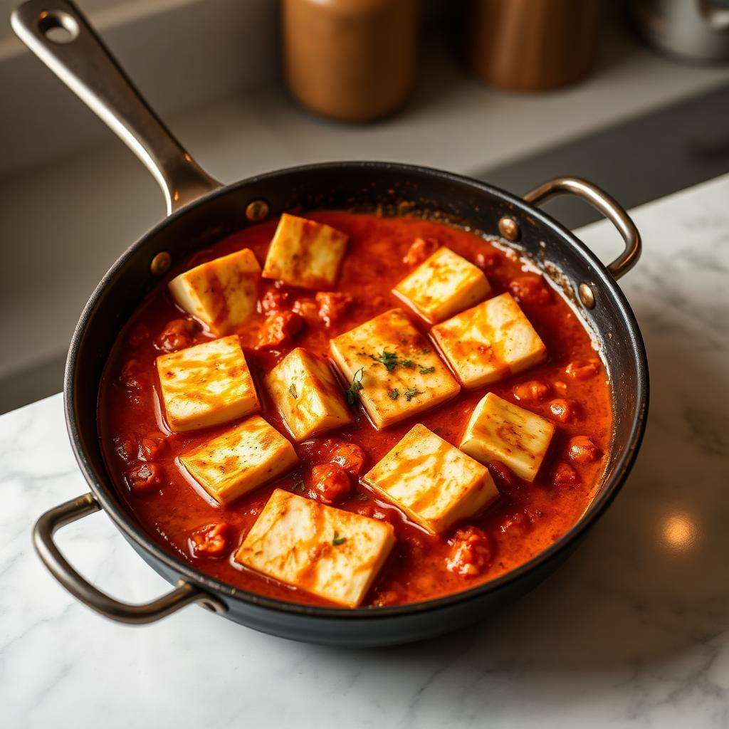 Halal Pan-Fried Paneer with Spiced Tomato Sauce