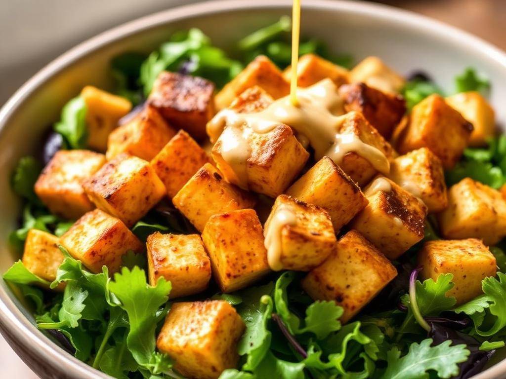 Halal Crispy Baked Tofu Salad with Tahini Lemon Dressing