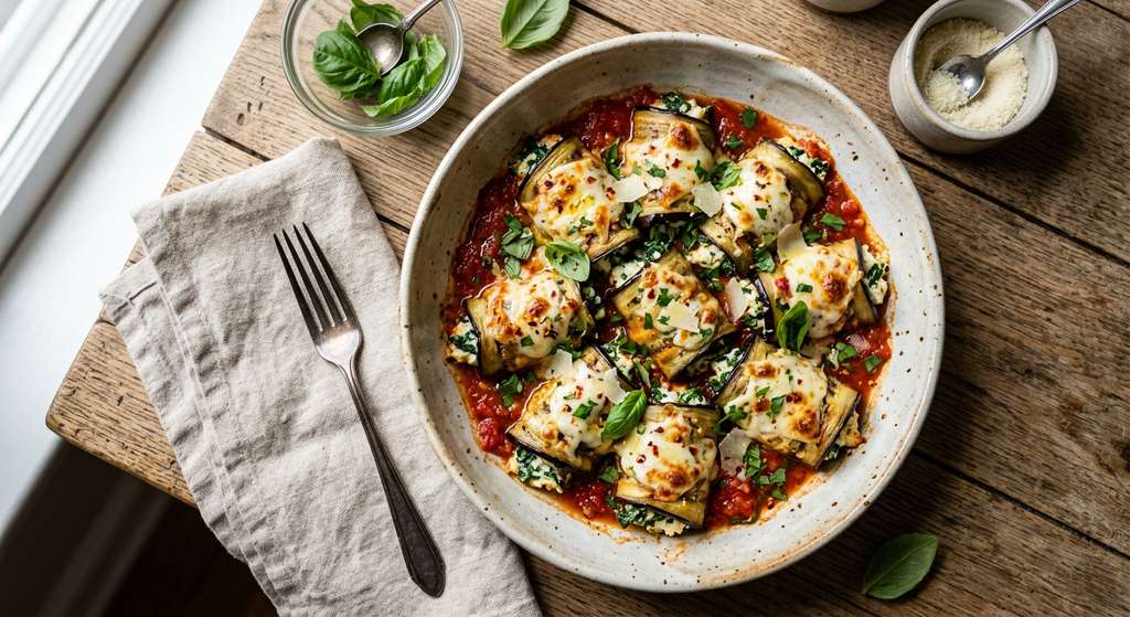 Halal Baked Eggplant Rolls with Ricotta Spinach Filling