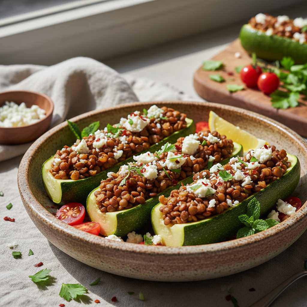 Halal Baked Stuffed Zucchini Boats with Lentils and Feta