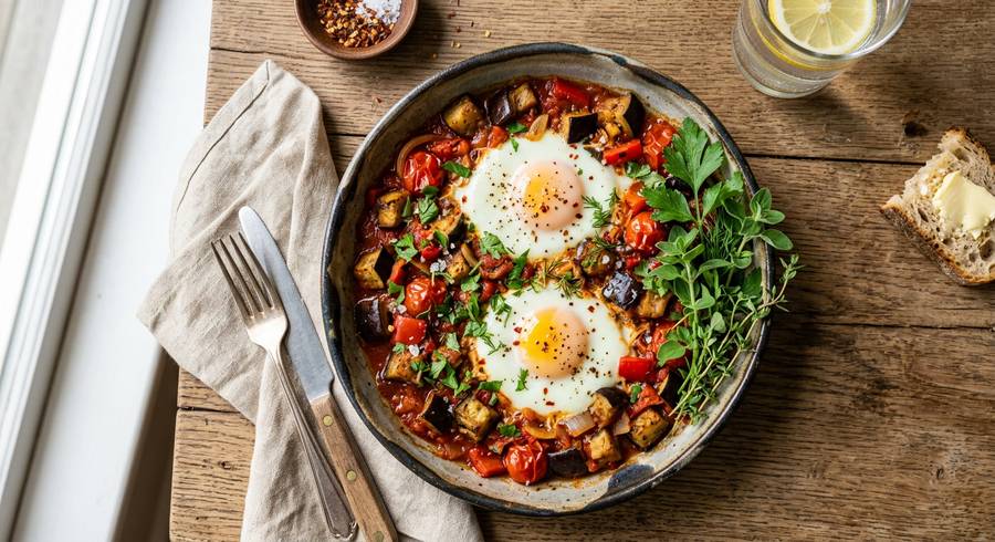 Halal Eggplant Tomato Breakfast Skillet