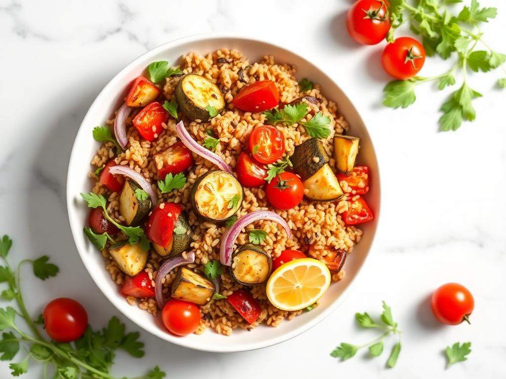 Halal Healthy Farro Salad with Roasted Veggies
