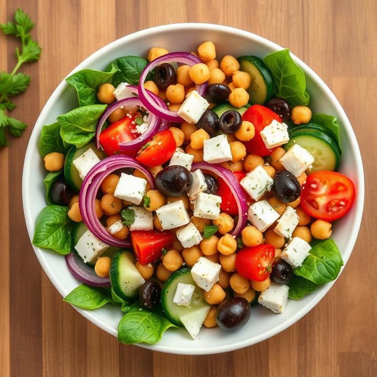 Halal High Protein Chickpea Greek Salad Recipe with Tahini Dressing