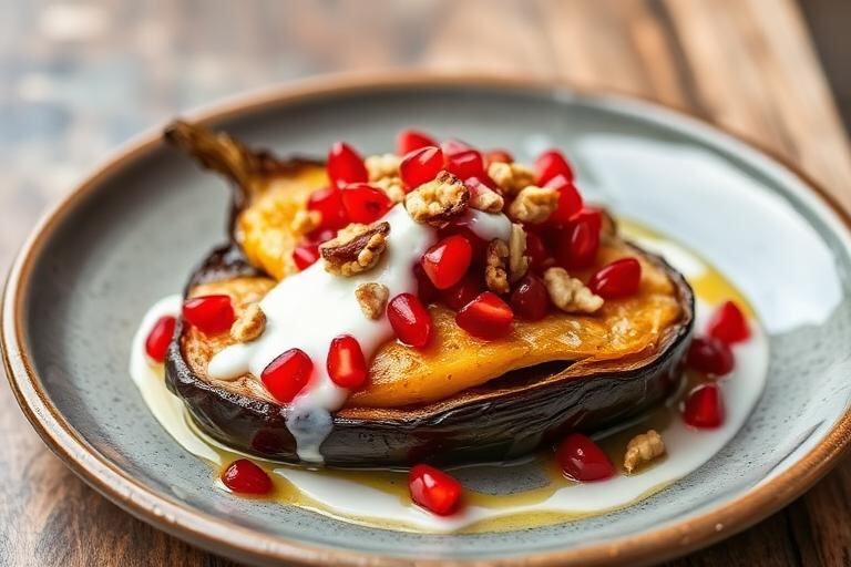 Halal Lebanese Baked Eggplant with Pomegranate and Walnut