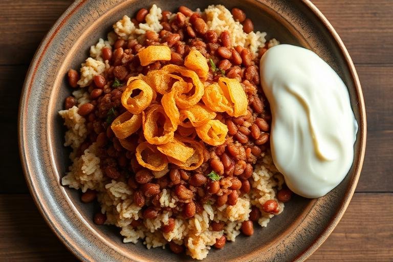 Halal Lebanese Mujaddara - Red Lentil Version with Crispy Onions
