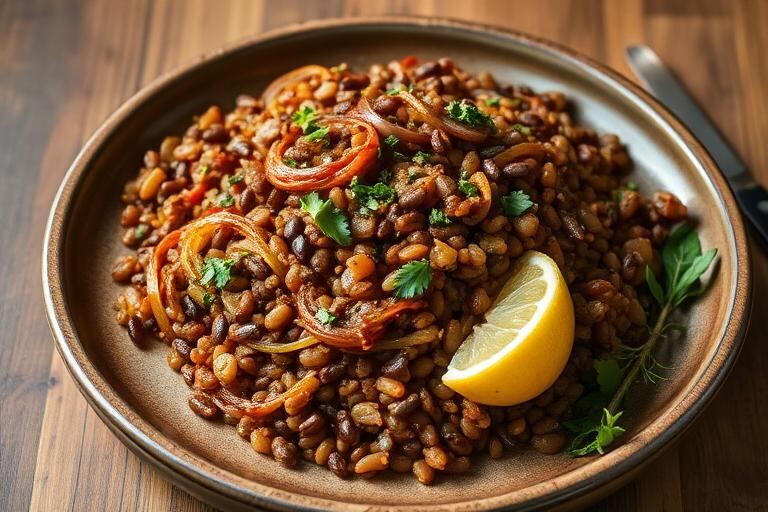 Halal Lebanese Warm Lentil and Caramelized Onion Salad