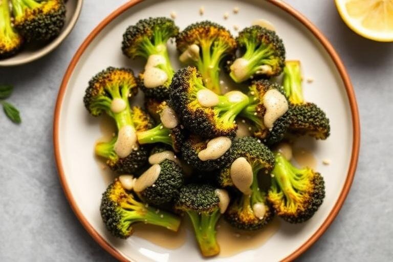 Halal Low Carb Roasted Broccoli with Tahini Lemon Dressing Recipe