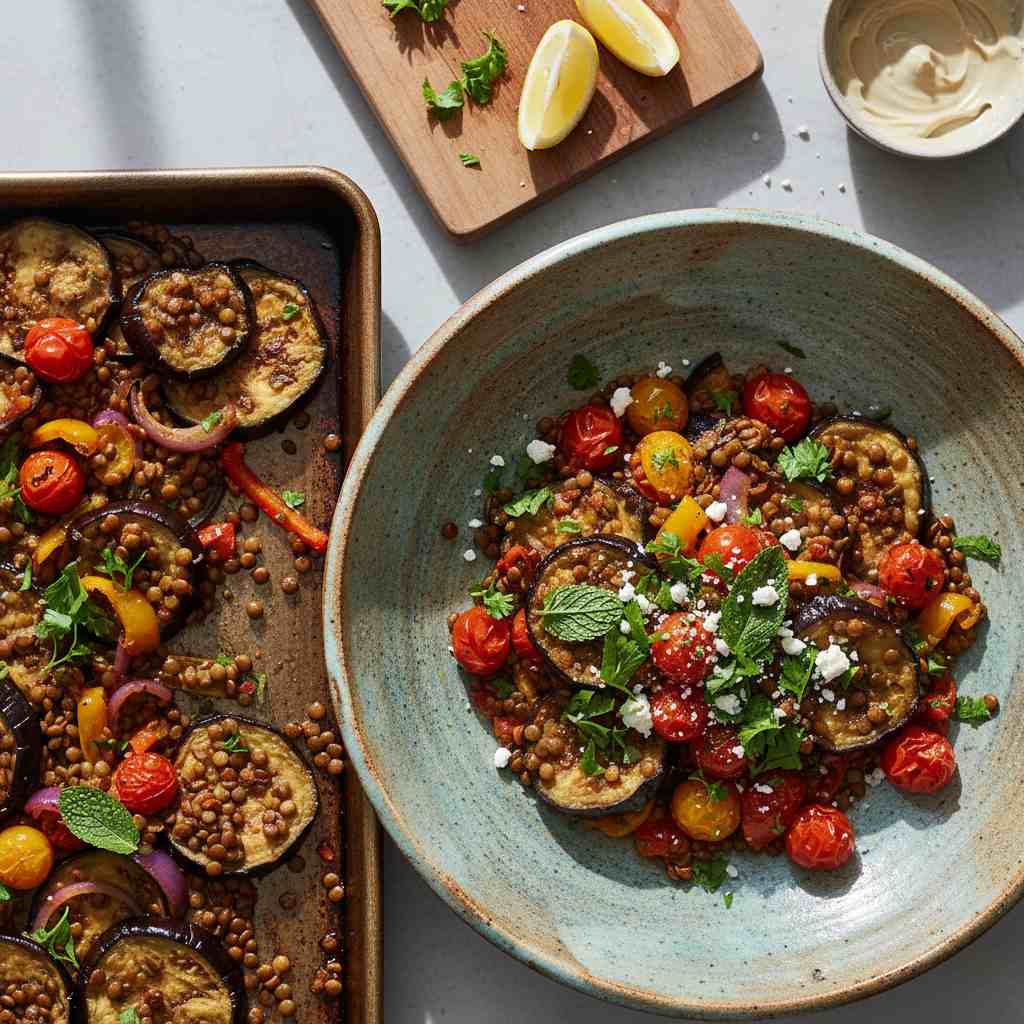 Halal Mediterranean Eggplant and Lentil Sheet Pan Recipe