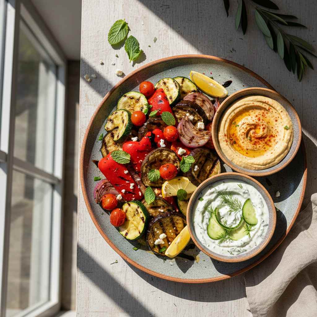 Halal Mediterranean Grilled Vegetable Platter with Dips Recipe