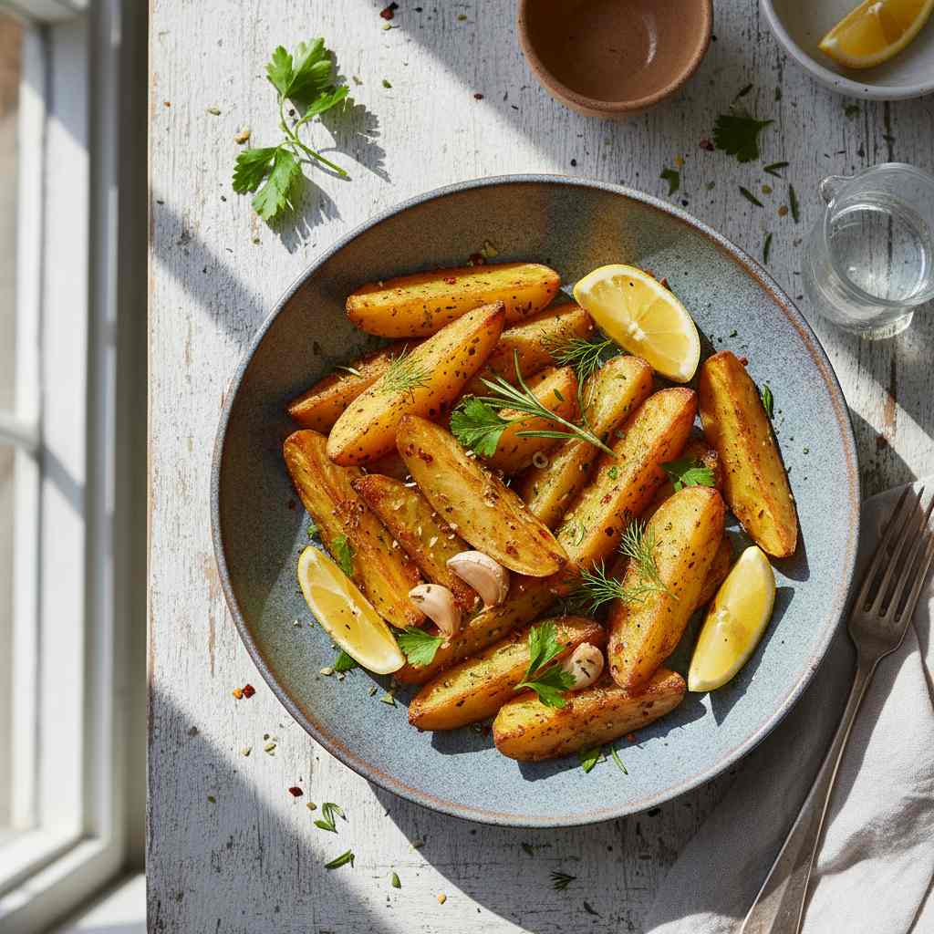 Halal Mediterranean Lemon Herb Roasted Potato Wedges Recipe