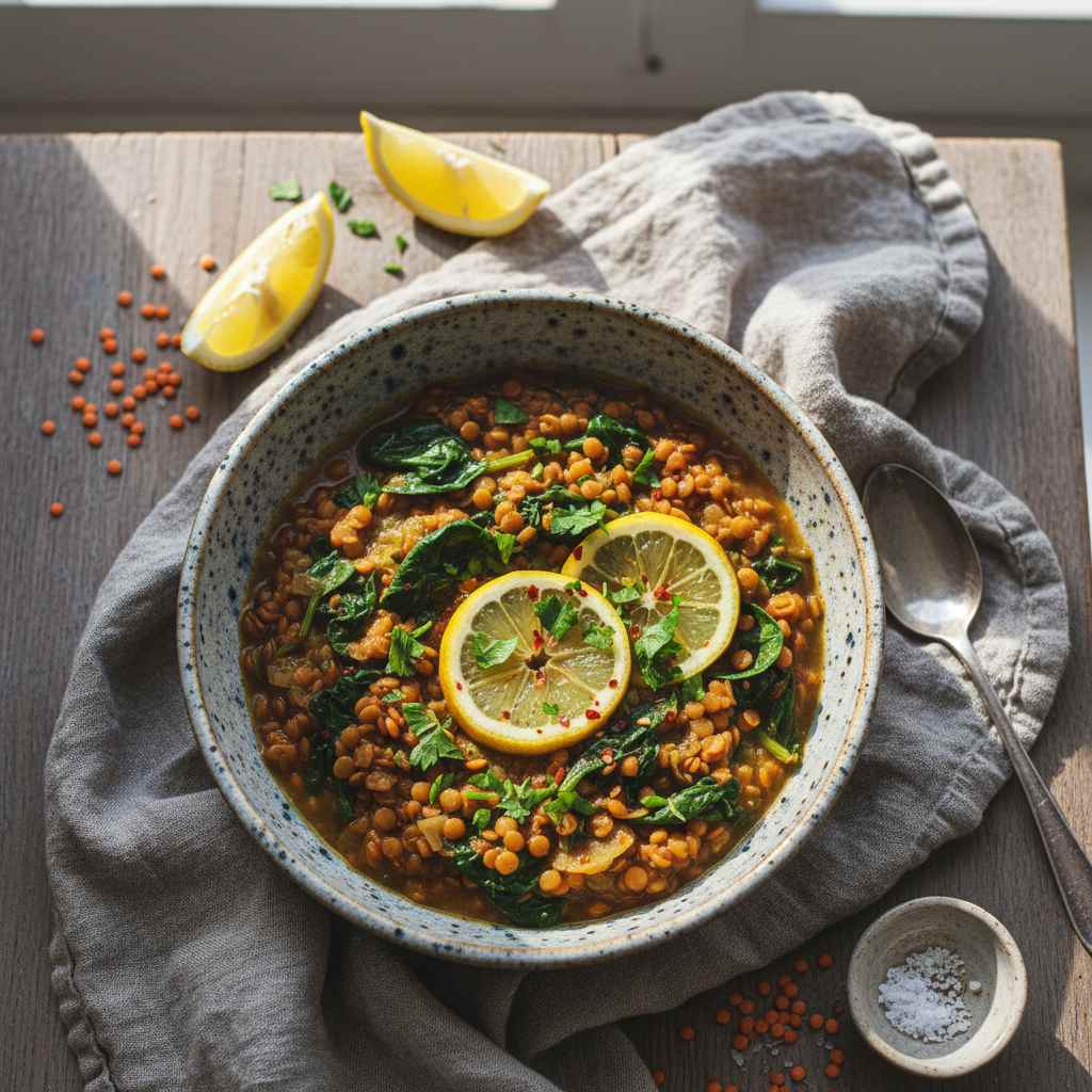 Halal Mediterranean Lemon Lentil and Spinach Stew Recipe
