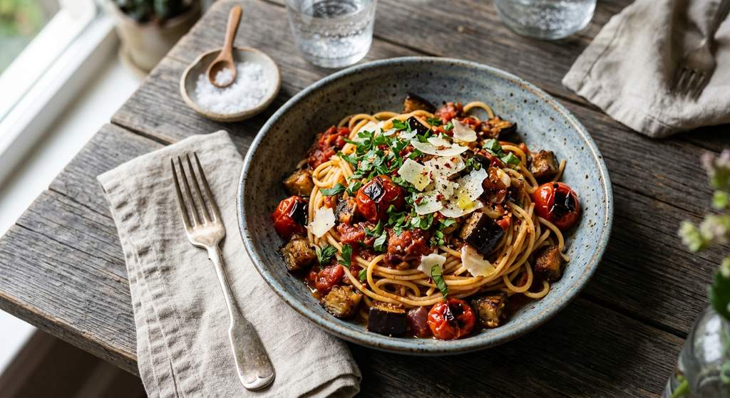 Halal One Pan Roasted Eggplant Tomato Pasta (Vegetarian)