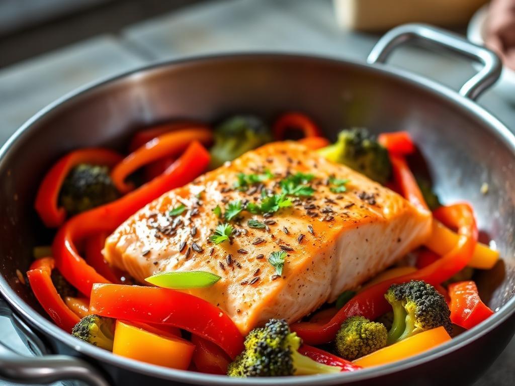 Halal PCOS Friendly Salmon Vegetable Stir Fry