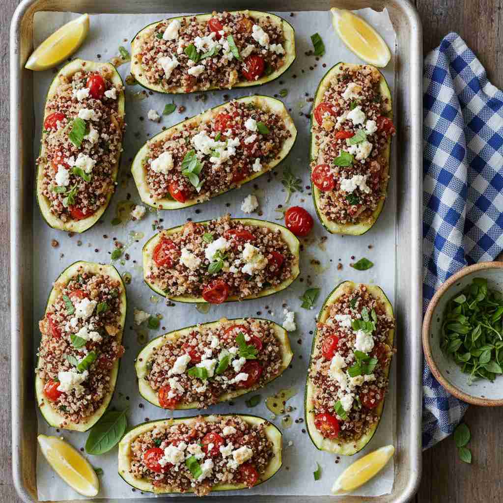Halal Quinoa Stuffed Zucchini Boats (Vegetarian Mediterranean)
