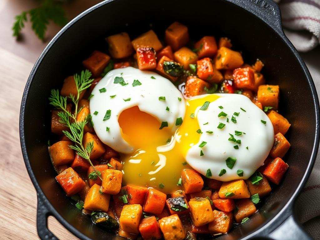 Halal Baked Sweet Potato Hash with Poached Eggs Recipe
