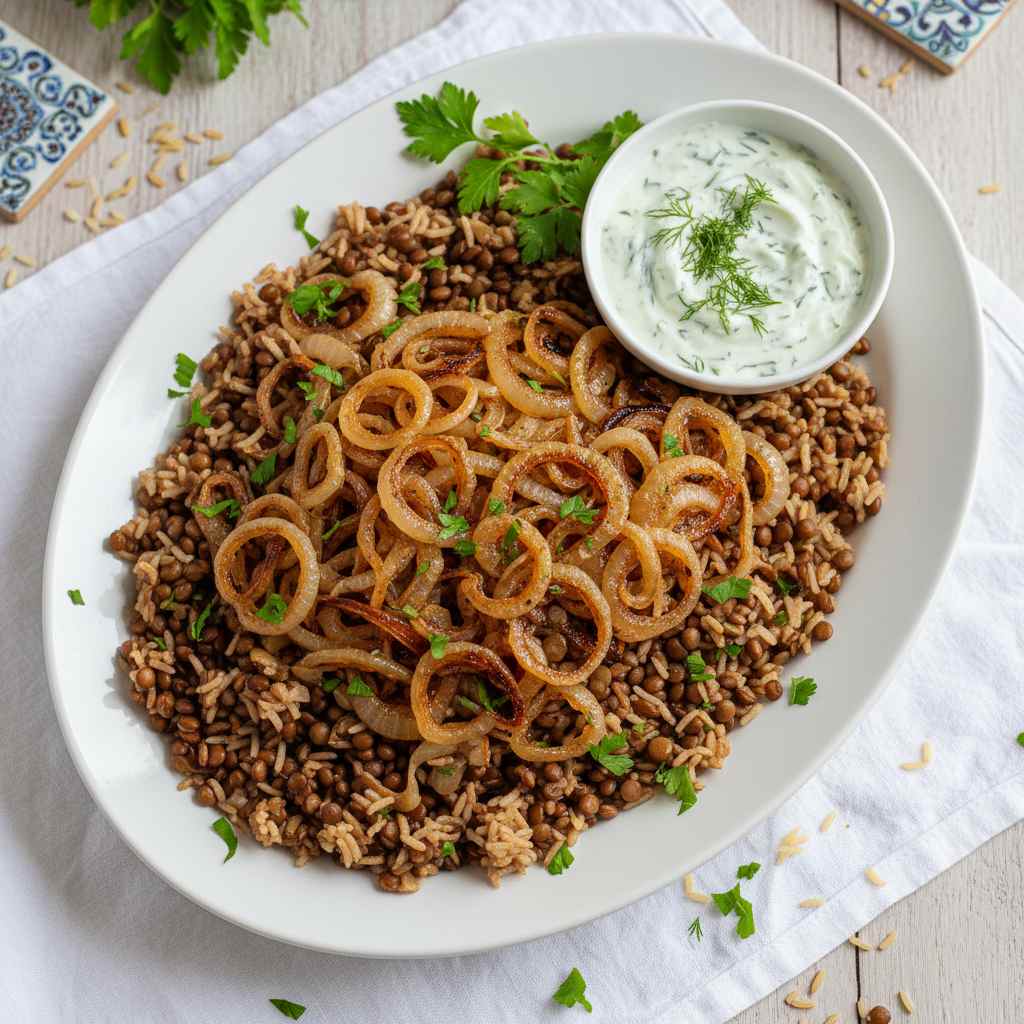 Halal Vegetarian Mujaddara (Lentils & Rice with Caramelized Onions)
